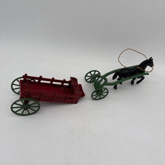 Vintage Cast Iron 1 Horse Wagon Missing Rider Black Horse Red Wagon - Picture 9 of 11